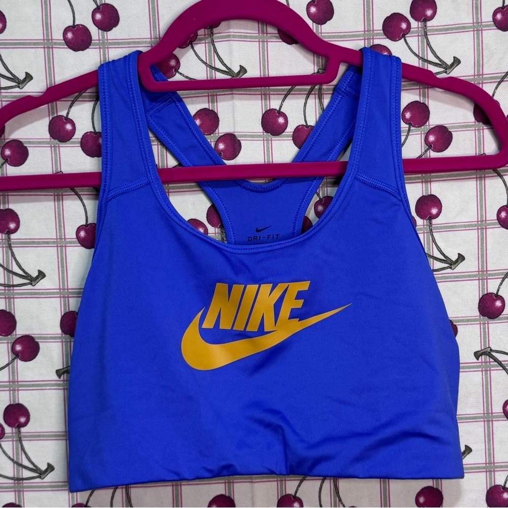 Nike Women's Indigo Blue Sports Bra with Gold Swoosh